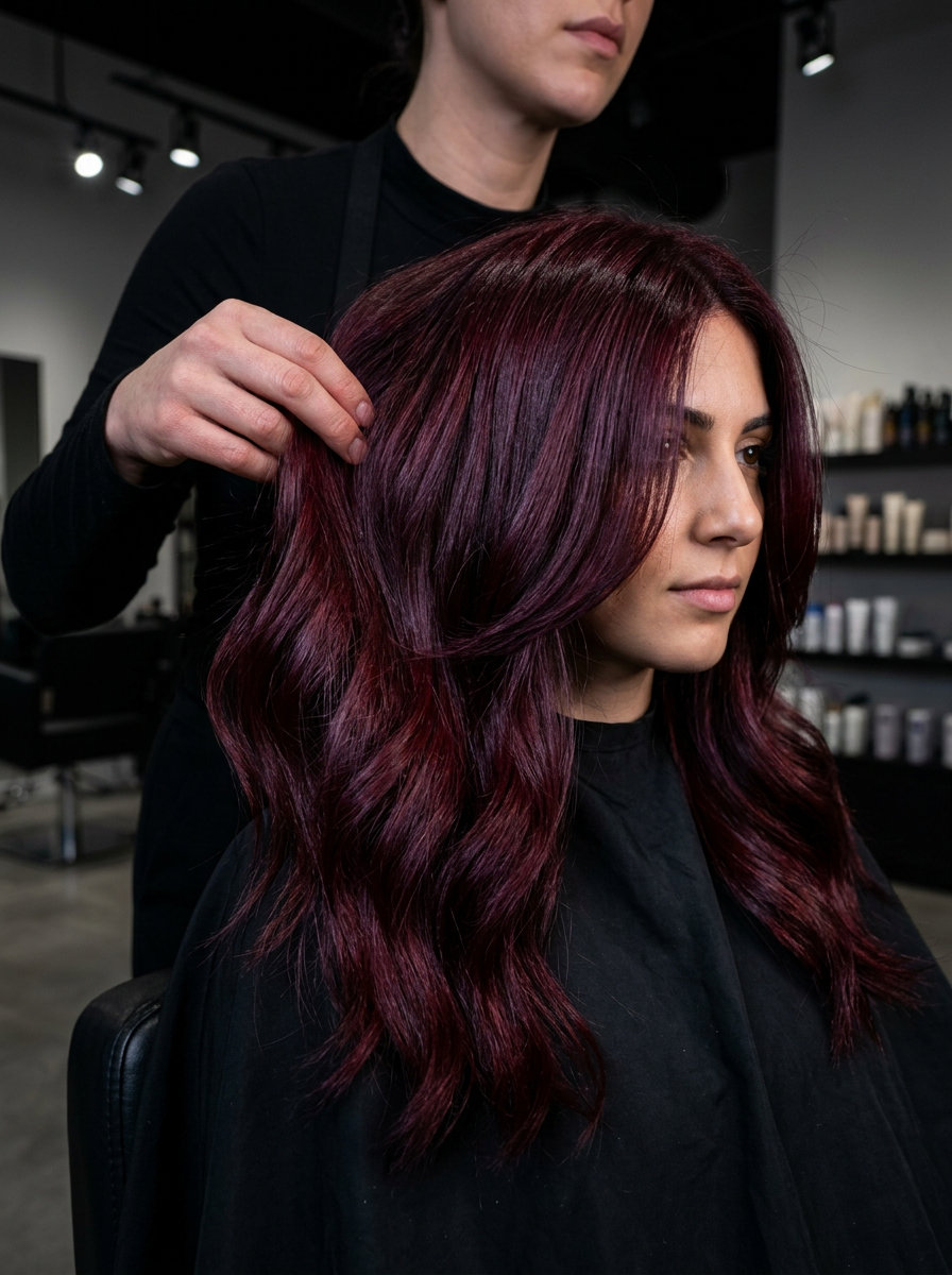 long wavy haircuts with dark cherry red, violet undertones — Bold, alluring, dramatic