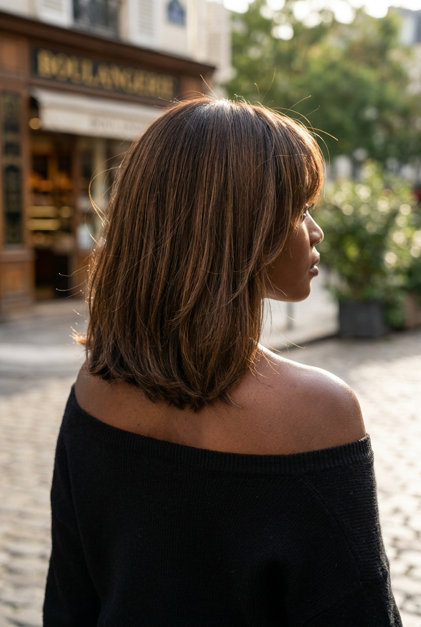 shoulder-length chestnut brunette lob with caramel babylights and wispy bangs for date night