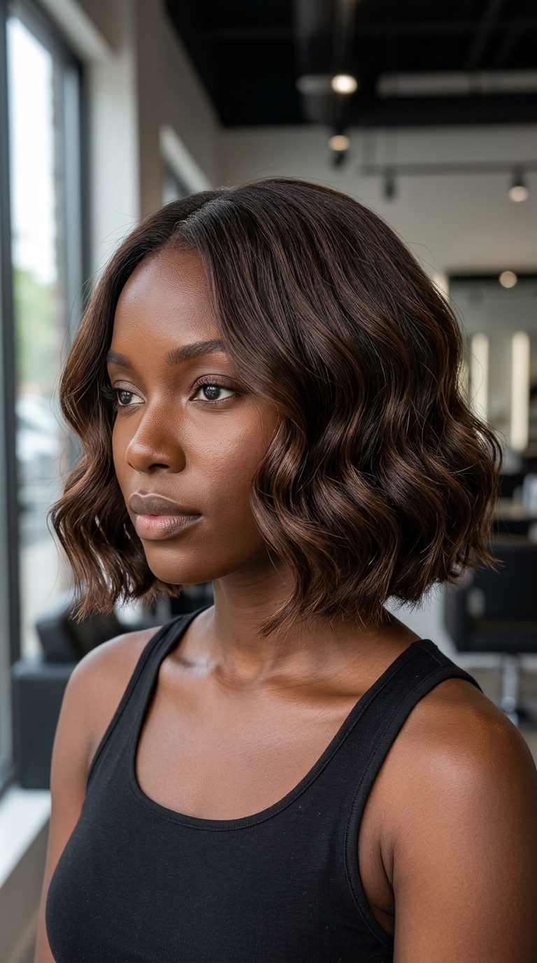 jaw-length textured bob haircut with rich chocolate brown mahogany lowlights, sculpted waves, no bangs — romantic