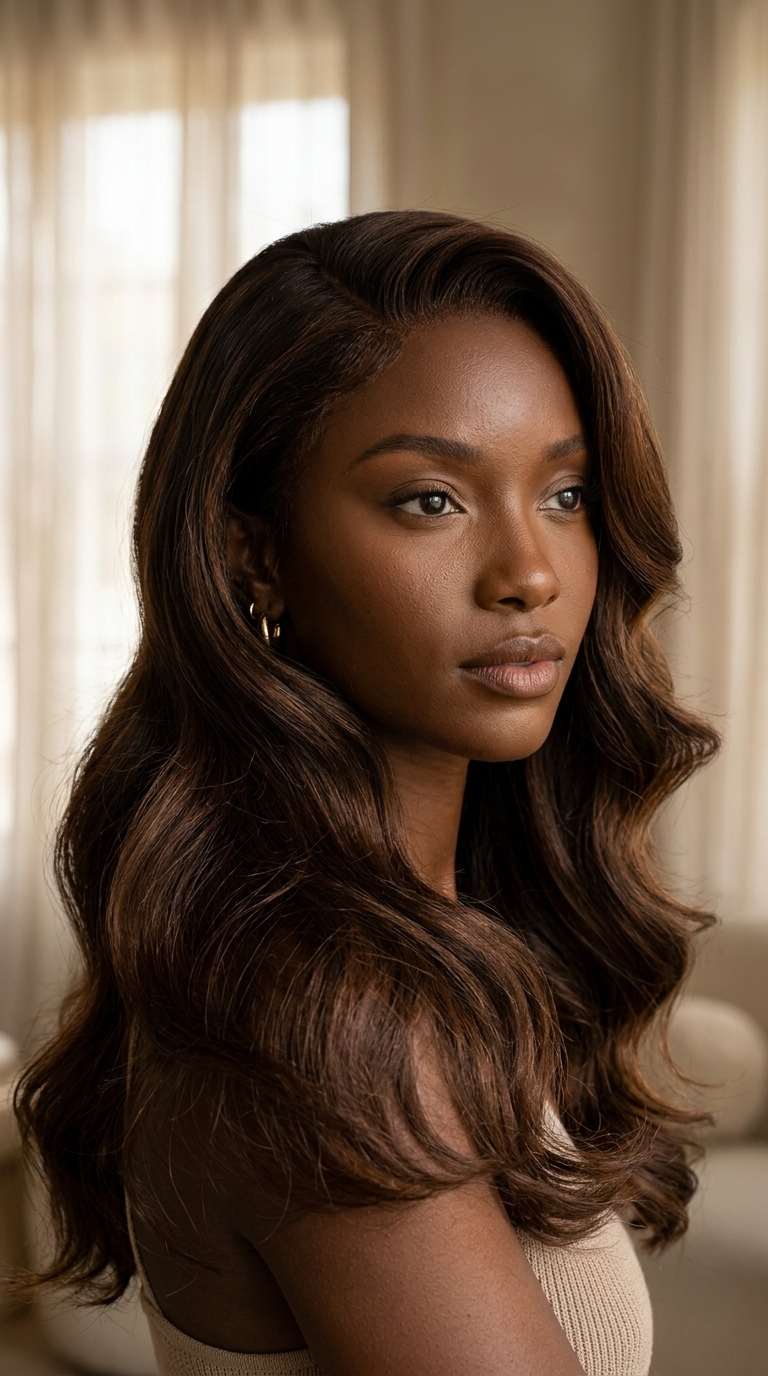 Old Hollywood Deep Side Part Waves 2026 long chocolate brown old hollywood waves with deep side part for formal gathering