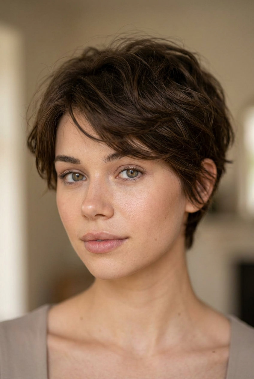 very short tousled pixie haircut in chocolate brown with caramel lowlights, soft wispy edges — effortless
