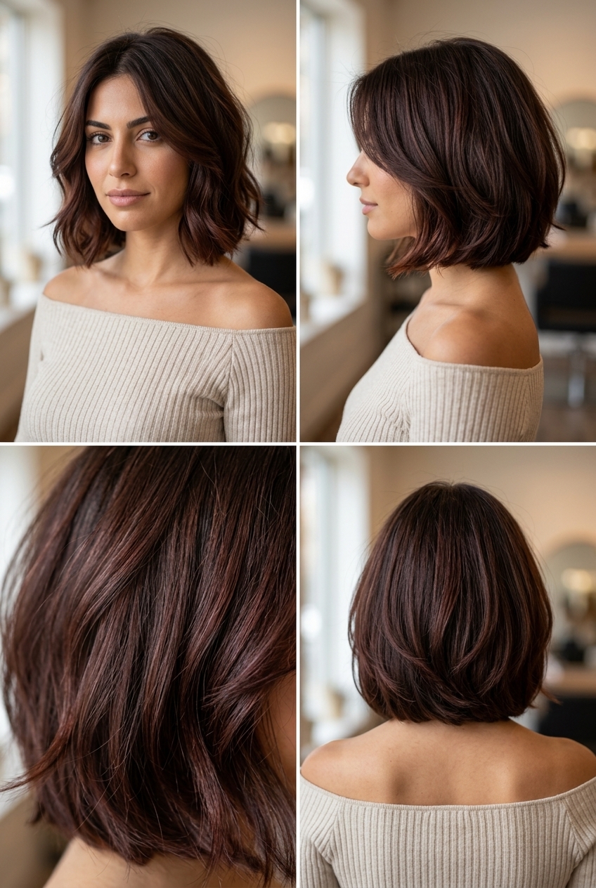 collarbone-length layered bob with deep chocolate brown & cherry red undertones, face-framing layers for summer