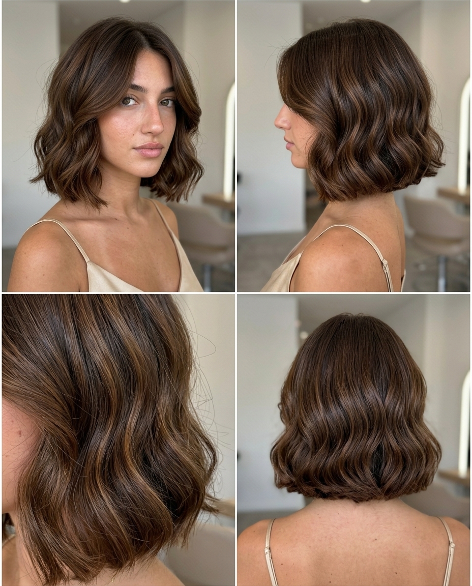 chin-length wavy bob haircut in warm chocolate with caramel lowlights, deep side part, no fringe — romantic
