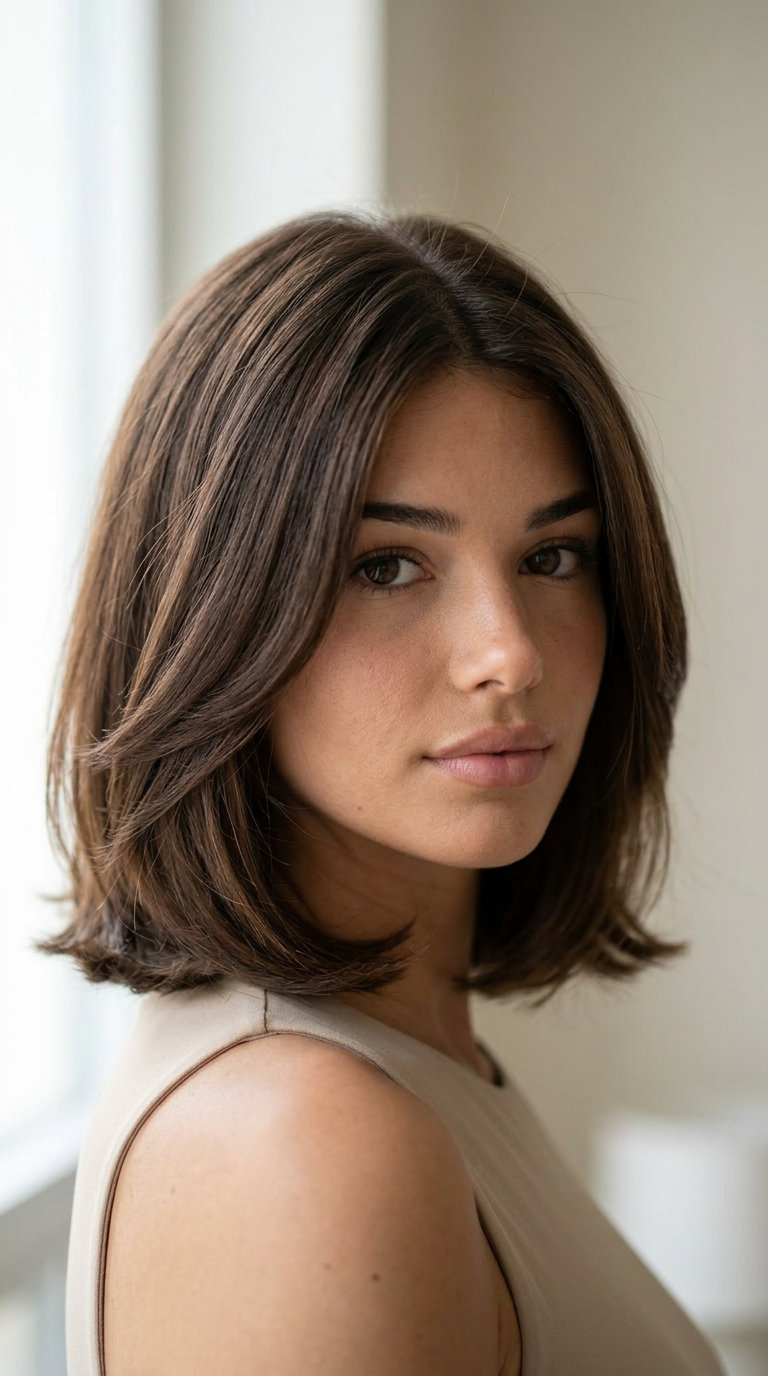 shoulder-length chocolate bob with espresso lowlights and angled front for sophistication