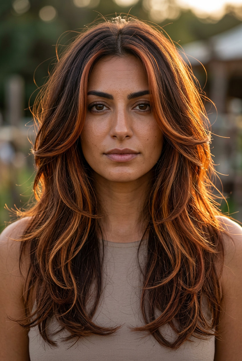 long layered haircut with auburn and copper-gold balayage, butterfly layers, U-shape back — bold bohemian