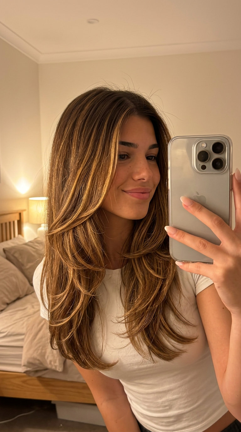long layered haircut with golden caramel and honey balayage, V-shape back, face-framing layers — bold glamorous