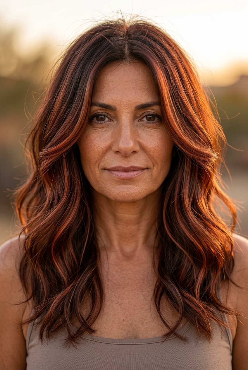 long layered haircut in deep brunette with reddish-copper balayage and face-framing layers for special occasions