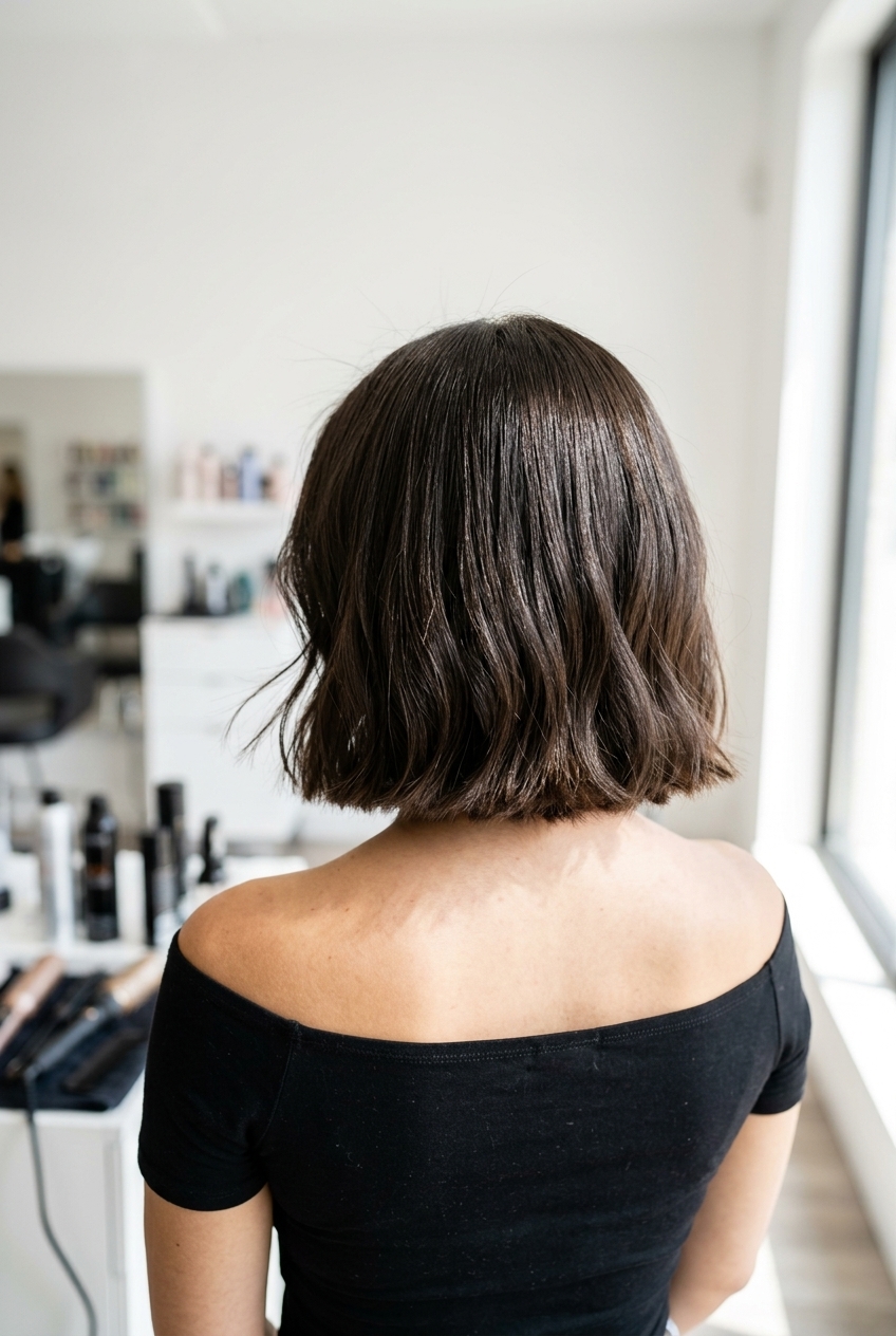 chin-length Italian bob haircut with blunt perimeter and clear gloss for modern chic