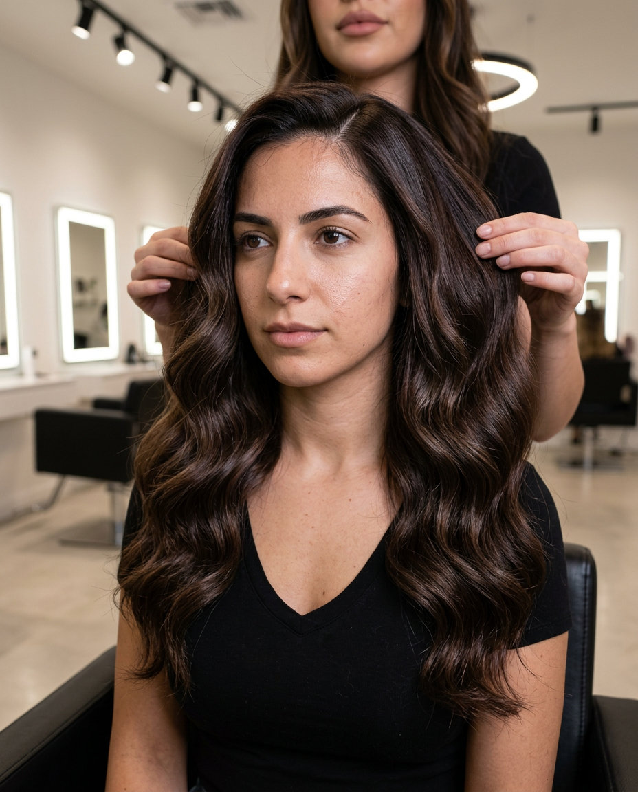 long cold brew brown hair with icy espresso tones, soft jawline layers, no bangs — classic Hollywood waves