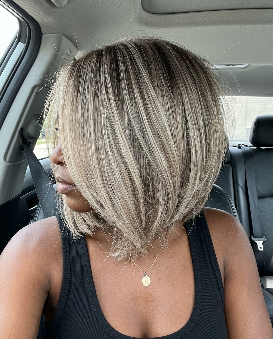 collarbone-grazing textured bob haircut in cool ash blonde with taupe lowlights, razored finish, no bangs for casual chic