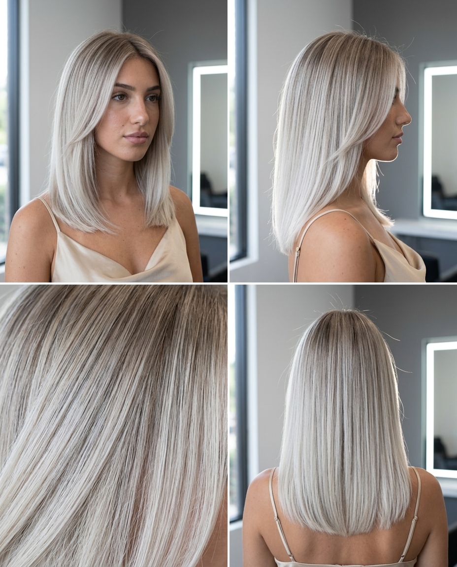 long cool ash blonde color melt with icy pale ends, seamless blend, no fringe — sophisticated