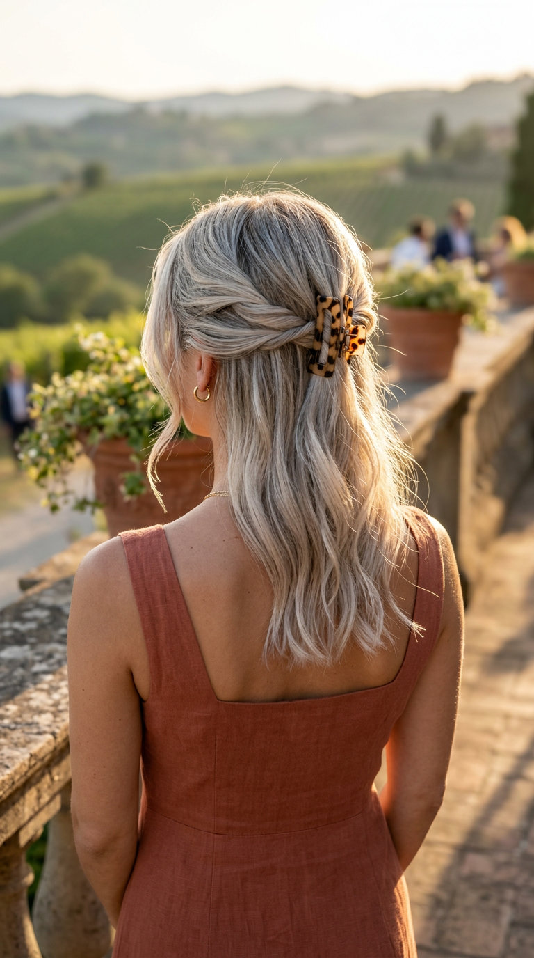 shoulder-length twisted half-up with claw clip and cool blonde color for summer wedding guest hairstyles 2026