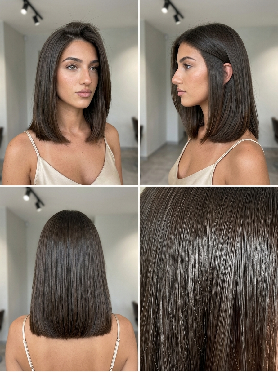 medium lob haircut in cool brunette with high-gloss finish, invisible layers, no bangs — sleek & polished