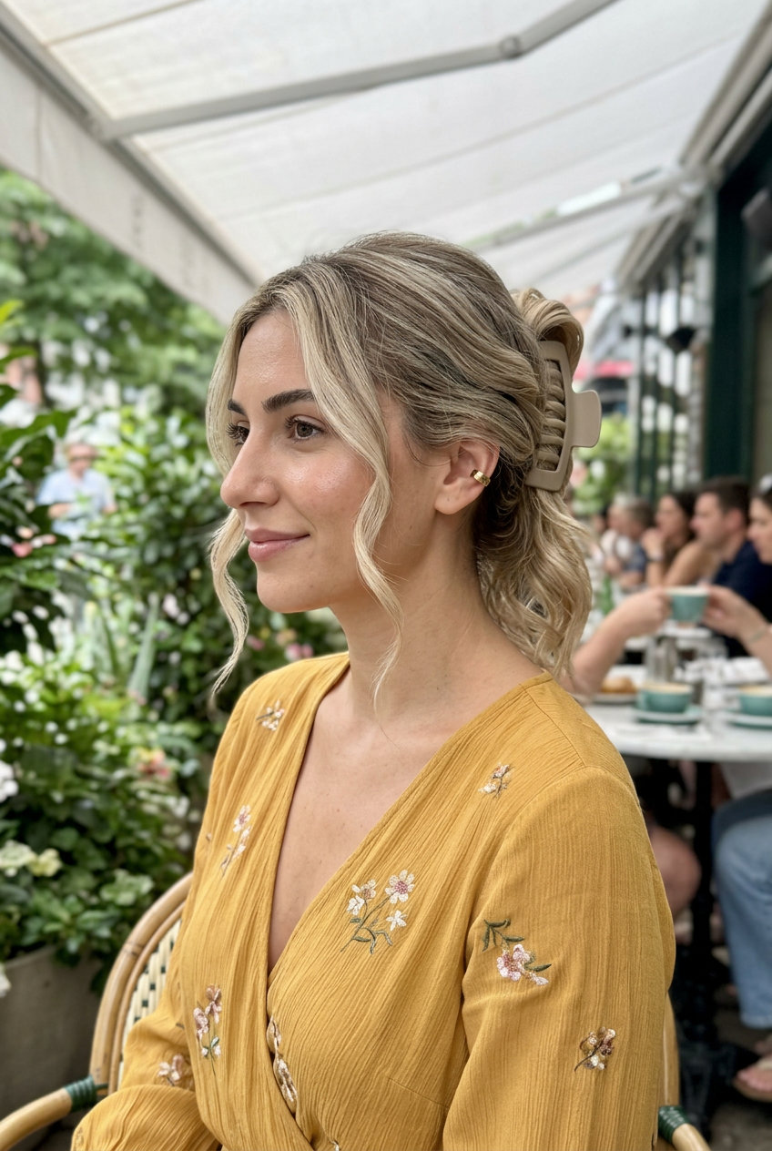Cool Linen Blonde Soft Claw Clip Updo 2026 long cool linen blonde hair in soft sculpted claw clip updos with loose twist