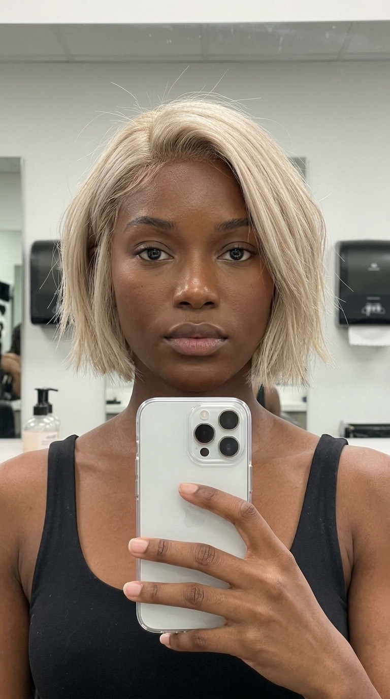 short razor bob haircut in cool linen blonde with root blend, piecey ends, deep side part — playful trendy look