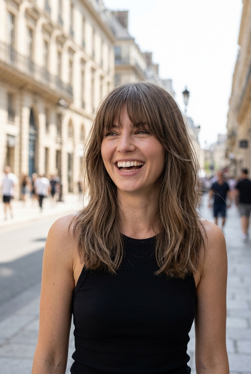 collarbone-length shag haircut in cool linen brown with ash babylights, blunt fringe, long layers — effortless classic look