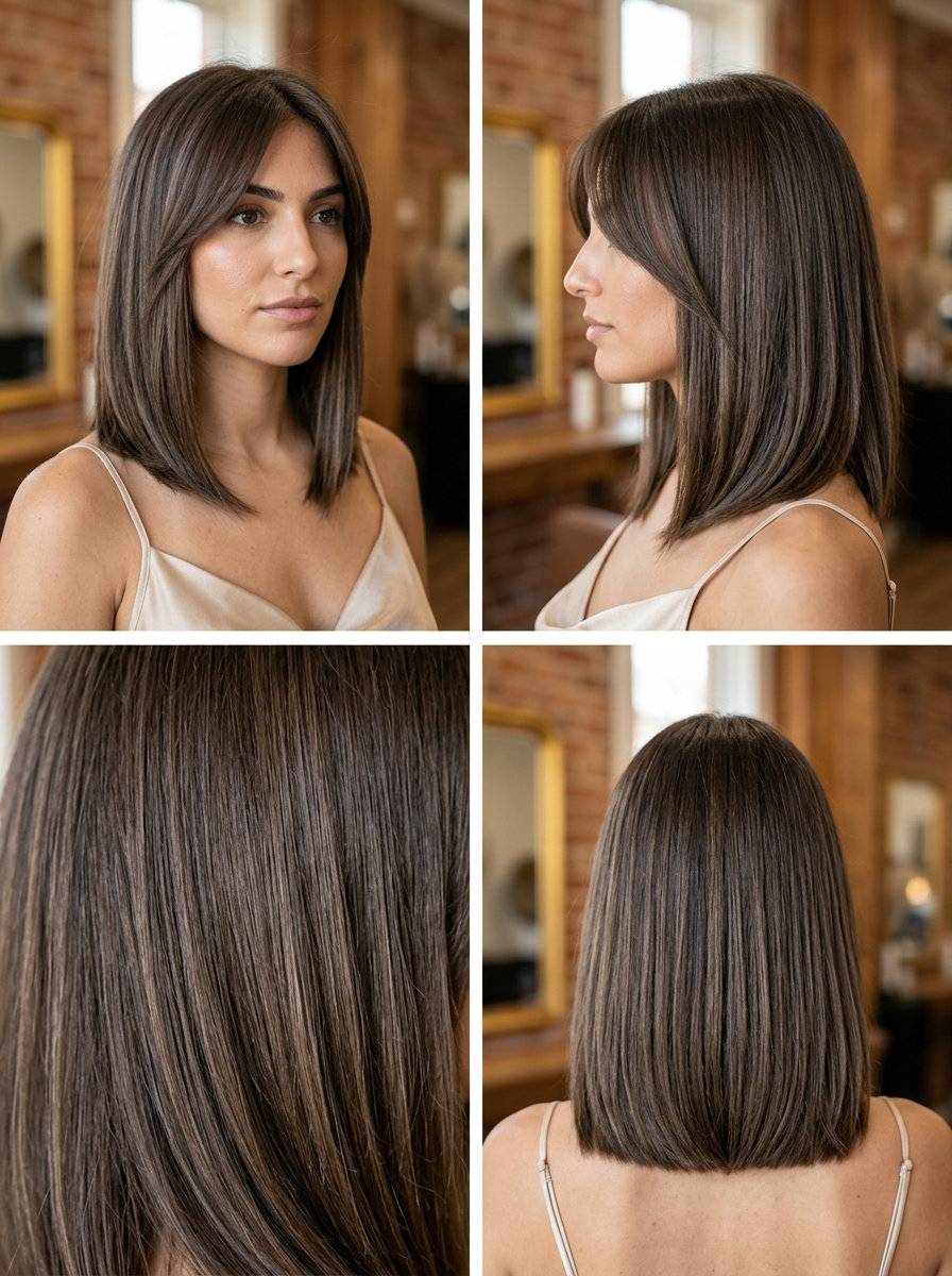 Sleek Parisian Lob with Side Bangs 2026 shoulder-length cool mocha lob with side-swept bangs for professional chic