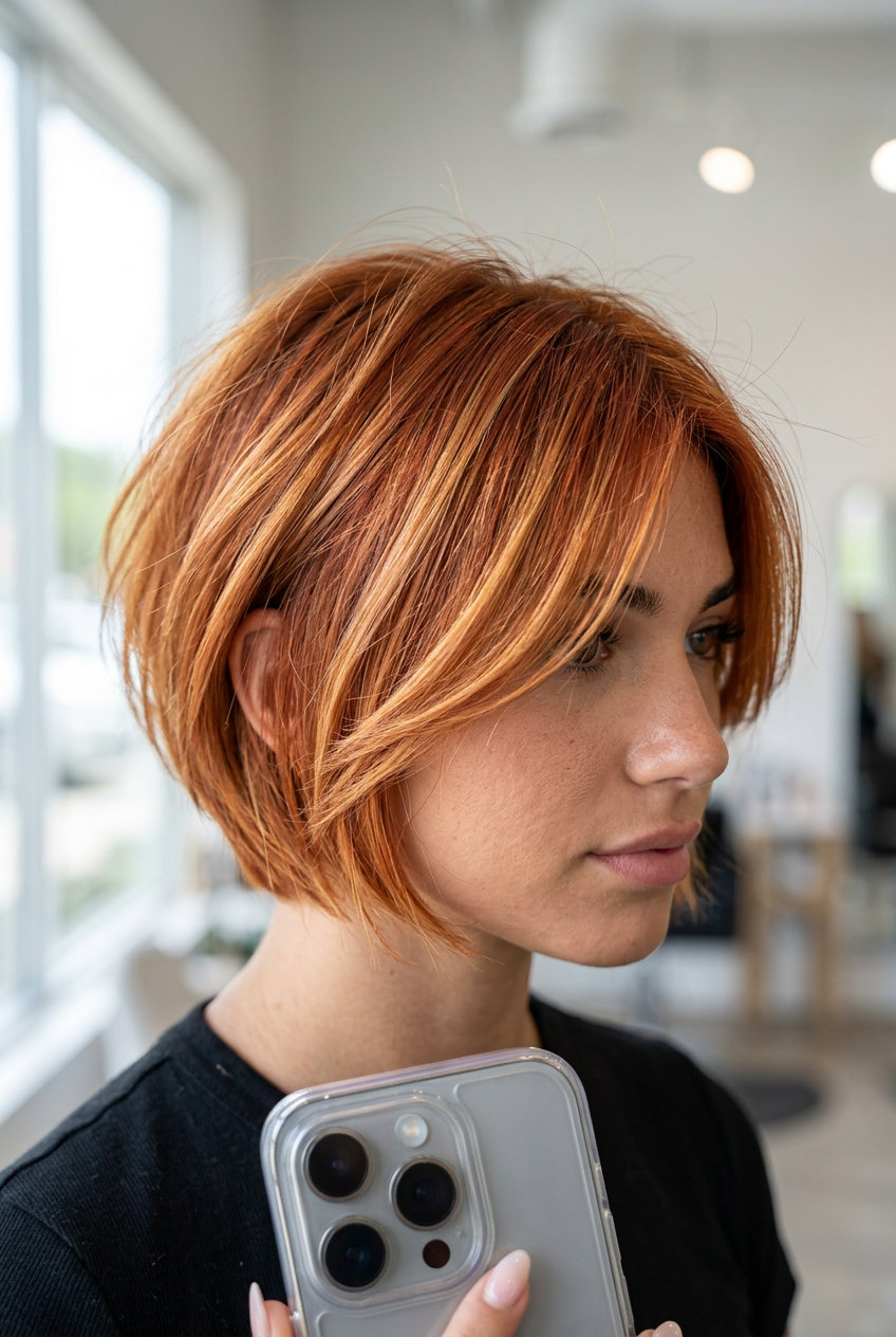 short choppy bixie haircut in nectarine copper balayage with golden highlights, soft layers, sweeping fringe — effortless natural