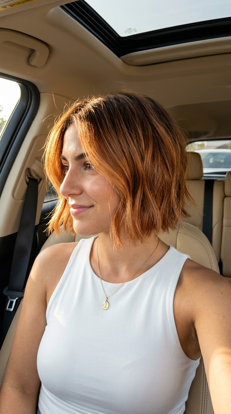 short razor bob haircut in warm copper balayage with golden babylights, piecey razored line, face-framing pieces — effortless warm