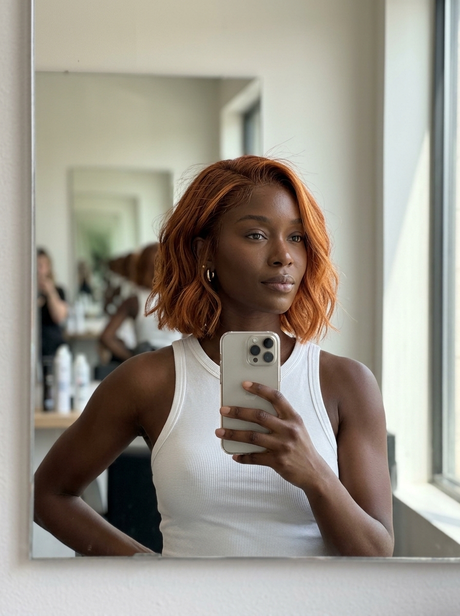 chin-length textured bob haircut with terracotta copper balayage, golden orange highlights, subtle A-line — bold energetic look