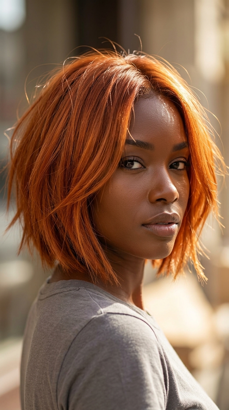 chin-length copper italian bob with razor cut ends for edgy look