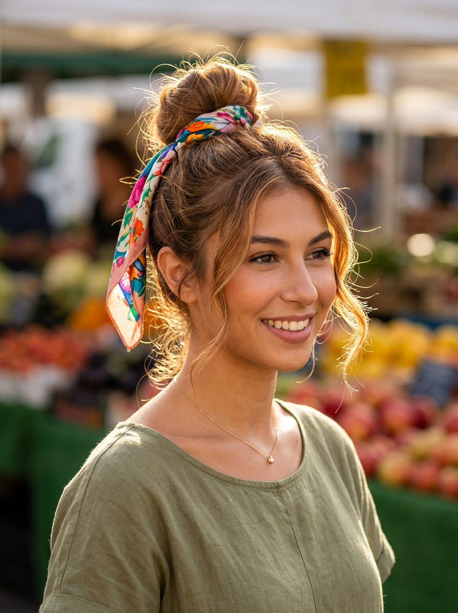 Scarf Messy Bun Updo 2026 long scarf-tied messy bun updo with buttercream copper golden tones, scarf tie, no fringe — bold