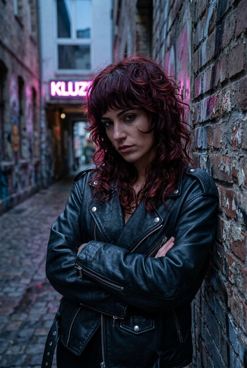 medium-long curly wolf cut with vivid copper color, choppy fringe — edgy music festival