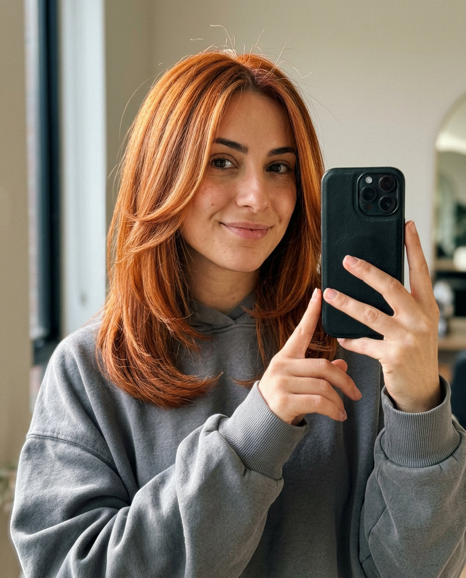 mid-length copper curve haircut with golden babylights, U-shaped layers, point-cut ends — radiant daily wear