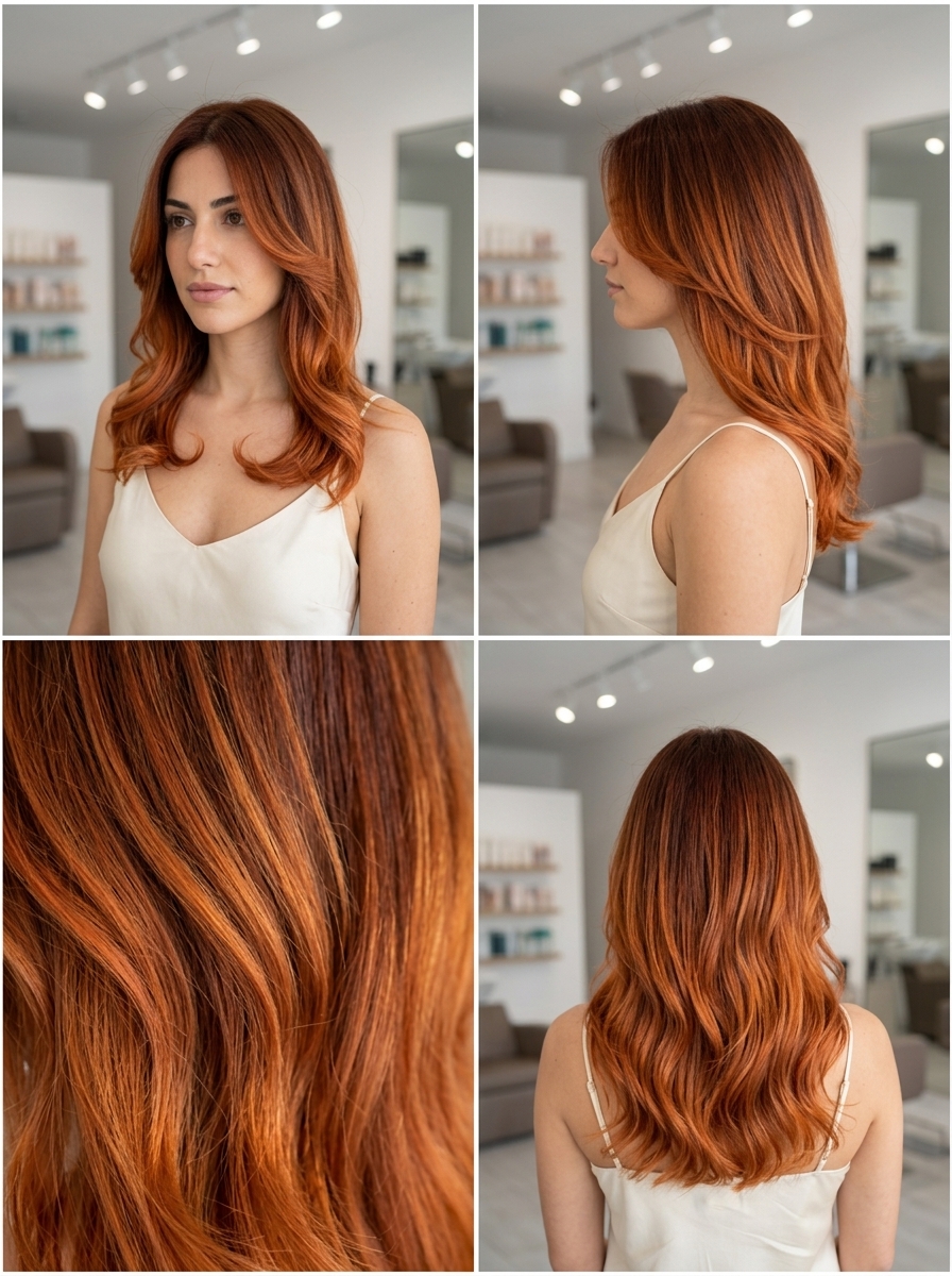 long auburn to copper ombré hair color with face-framing layers for festivals