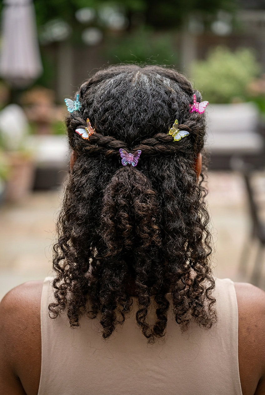 shoulder-length natural half-up twisted crown with butterfly clips in copper penny for summer