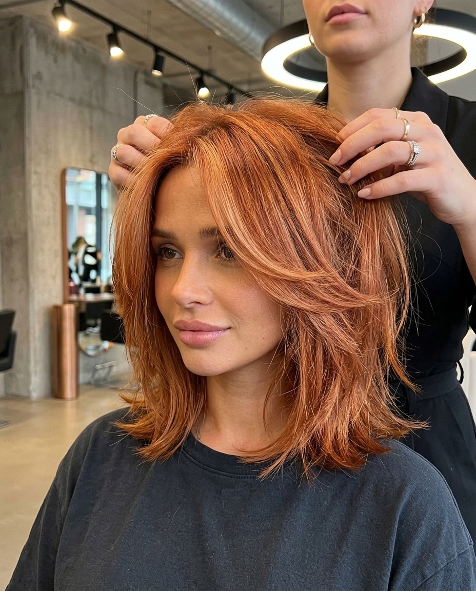 medium shag lob haircut with vibrant copper red, strawberry blonde highlights, face-framing layers — edgy festival