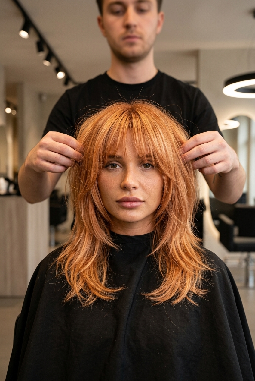 Fiery Copper Wolf Cut with Piecey Bangs 2026 medium-length wolf cut with fiery copper-red, disconnected layers, and piecey bangs for summer 2026