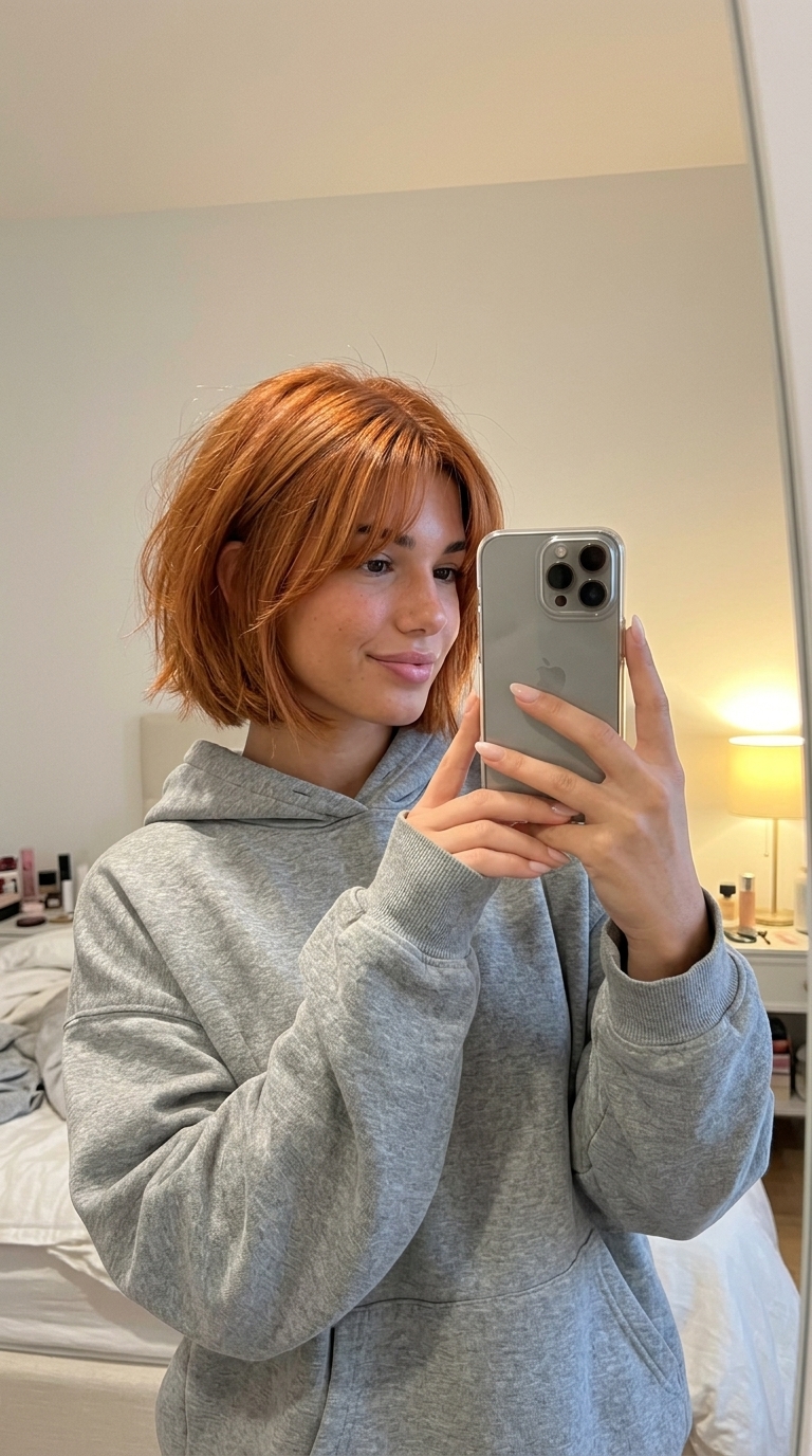 short french bob haircut in warm copper with golden ginger babylights, wispy curtain bangs, graduated layers — playful carefree summer style
