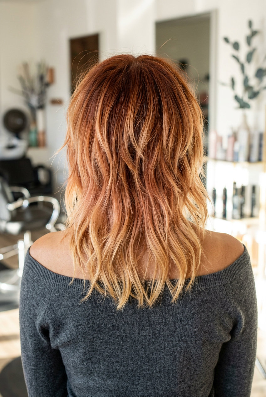 collarbone-length copper to strawberry blonde ombré shag haircut with razor layers and bangs for summer