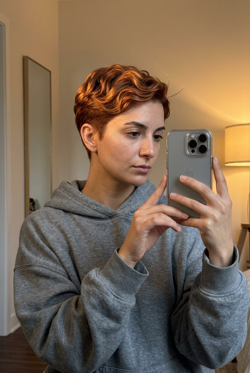 very short pixie haircut in warm copper with golden auburn balayage, layered for summer