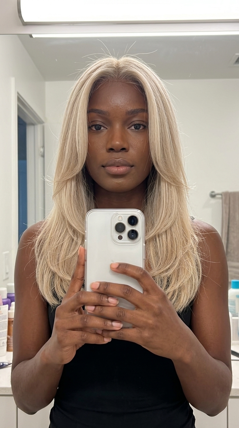 medium-long flowy butterfly haircut in creamy blonde with pearl babylights, clean perimeter, no fringe — professional sleek look