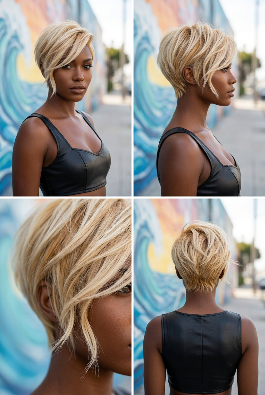 short pixie haircut with creamy blonde and warm gold, textured layers, side-swept fringe — edgy date night
