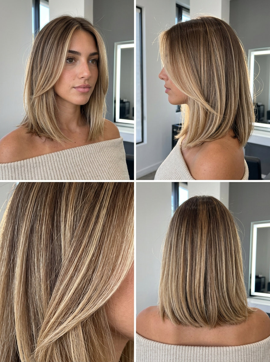 Shoulder-grazing lob with creamy blonde balayage and jawline face-framing for beachy look