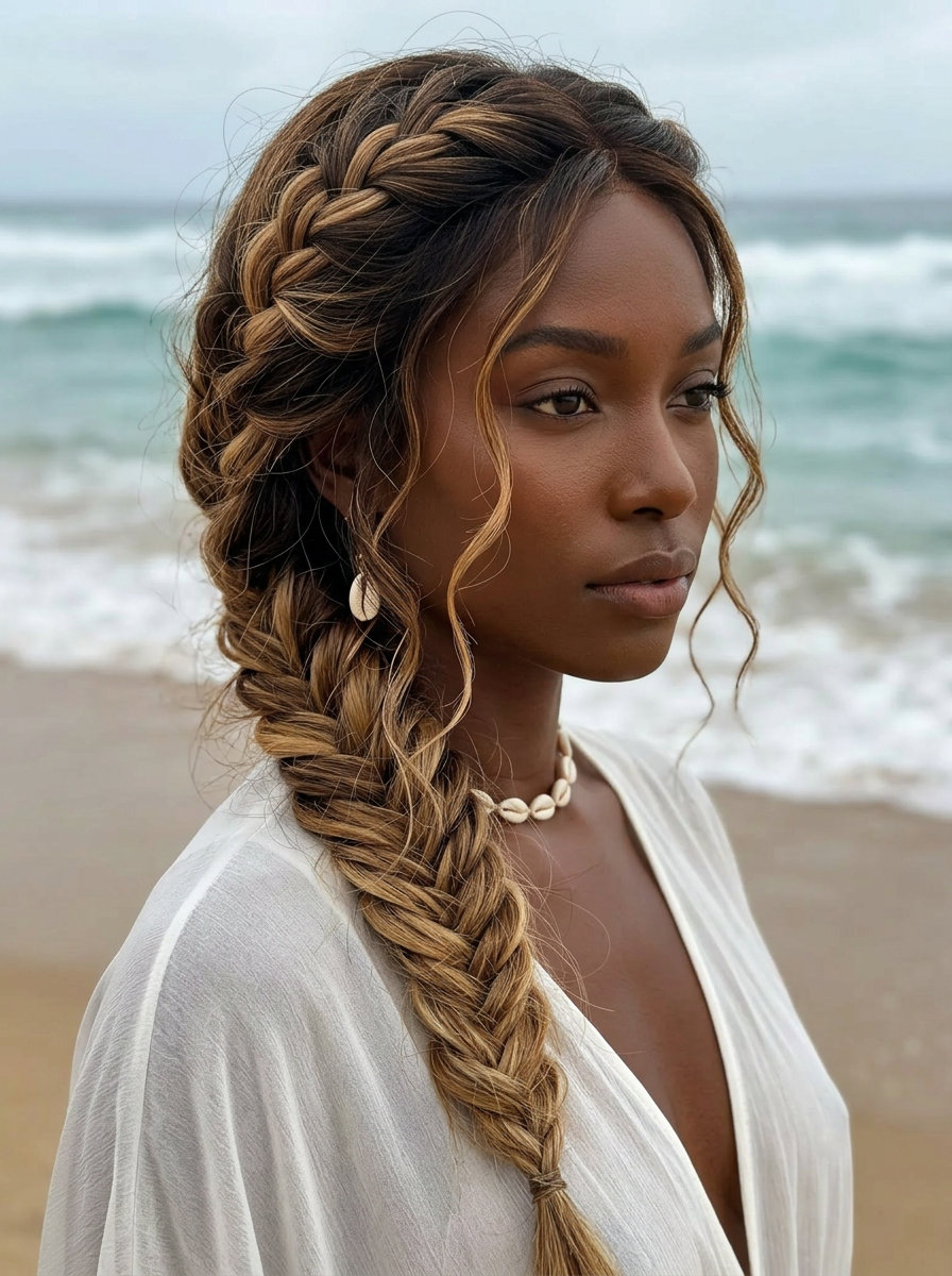 long natural hair fishtail braid with crème brûlée blonde balayage, loose styling, and bohemian tendrils for a festival look