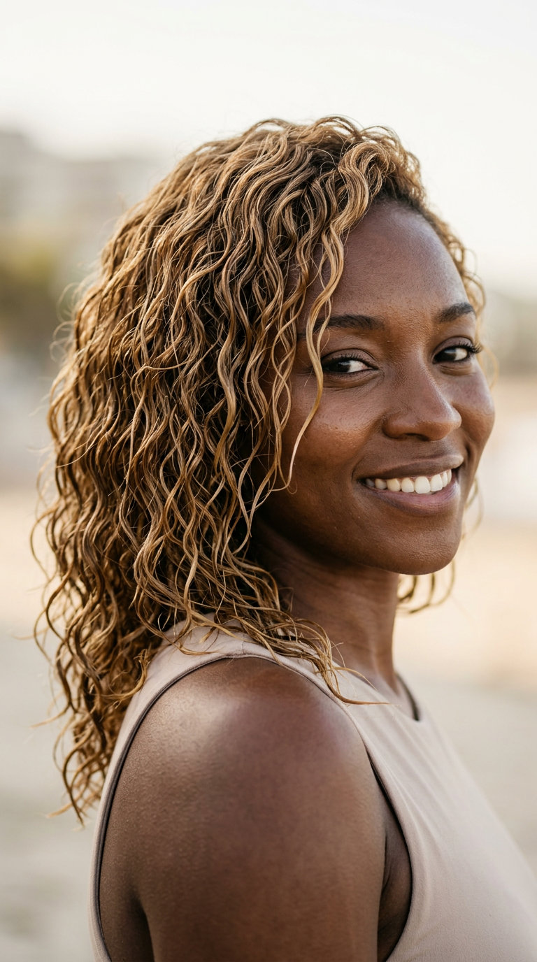 long natural hair tousled waves with crème brûlée blonde color, wet look finish, and sunkissed strands for a festival look