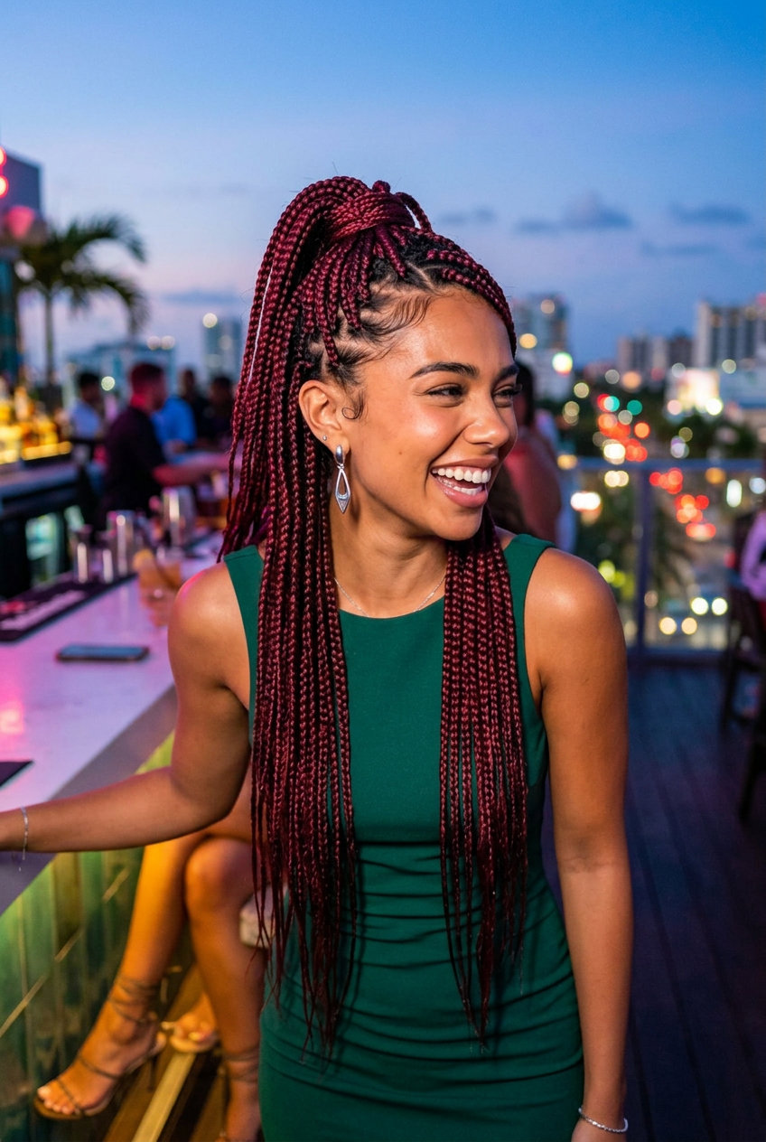 Crimson Cherry Cola Braids 2026 long crimson cherry cola box braids high half-up style for summer 2026