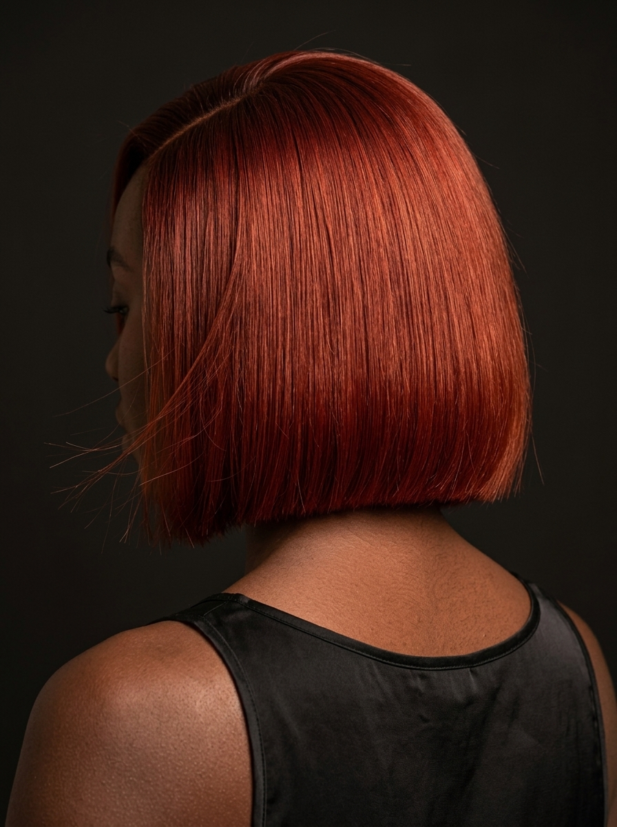 chin-length blunt bob haircut in vibrant crimson copper with deep auburn, all-over color, no fringe — bold and confident
