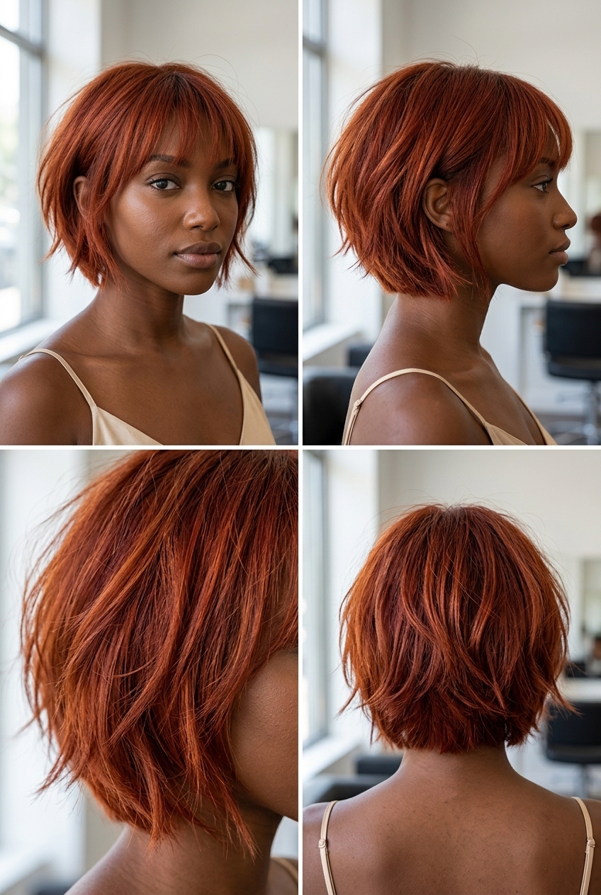 short razor bob haircut in crimson copper red with orange-golden undertones, tousled razored layers, wispy fringe — bold energetic