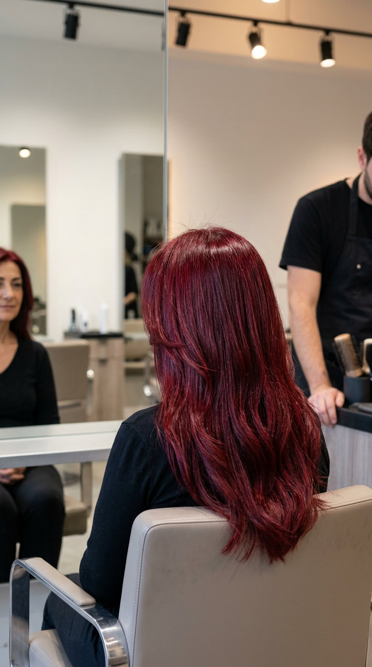 long haircut in deep crimson red with ruby and mahogany undertones and long face-framing layers for dramatic glamorous occasion