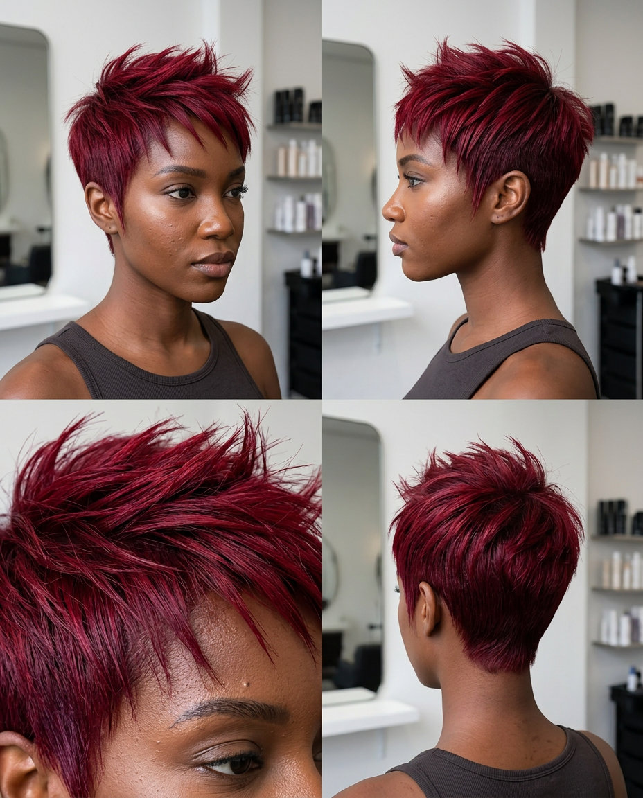 very short razored pixie haircut in crimson red with violet undertones and tapered sides for festivals