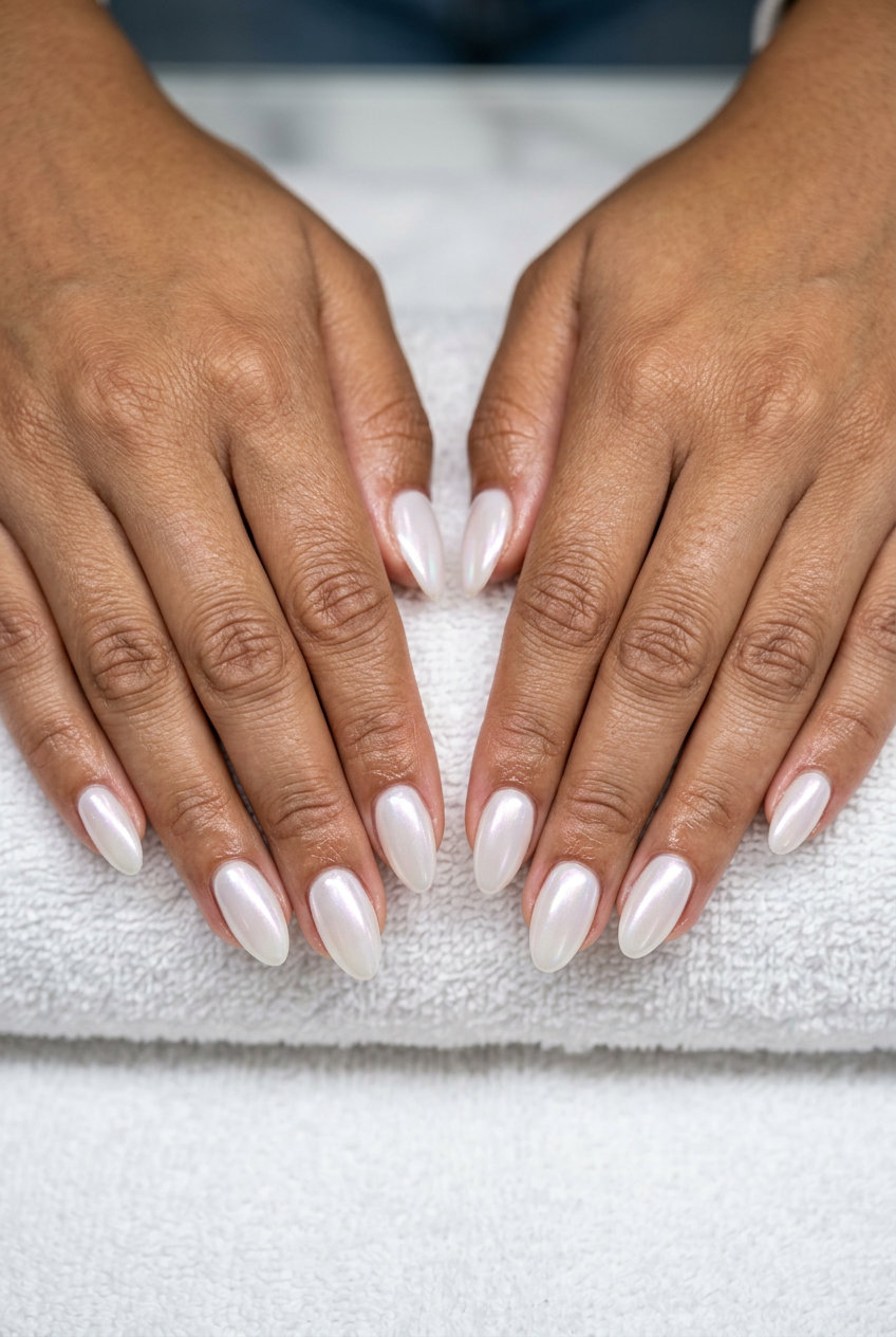 Cute summer nails 2026: Glazed Donut Pearlescent almond nails for work & special events.