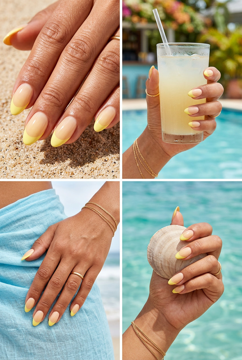 Cute summer nails 2026: Playful Lemonade Yellow French tips on short square nails for vacation.