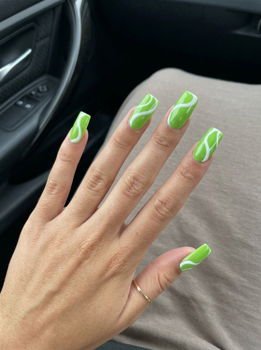 Lime swirls glossy nails for a playful festival or party look in 2026. Edgy and energetic.