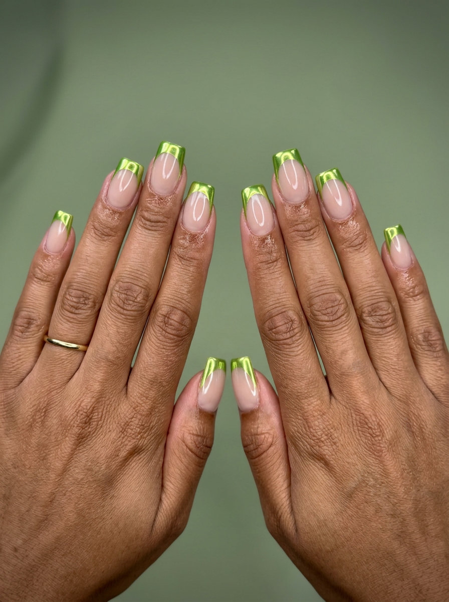 Lime zest chrome French nails for a futuristic party or vacation look in 2026.
