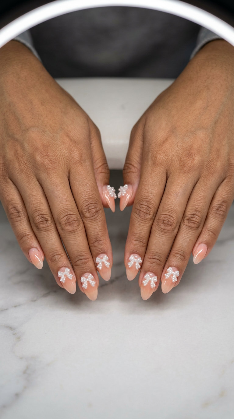 Cute summer nails 2026: Feminine Peach Fuzz 3D bows for weddings, date nights, and baby showers.